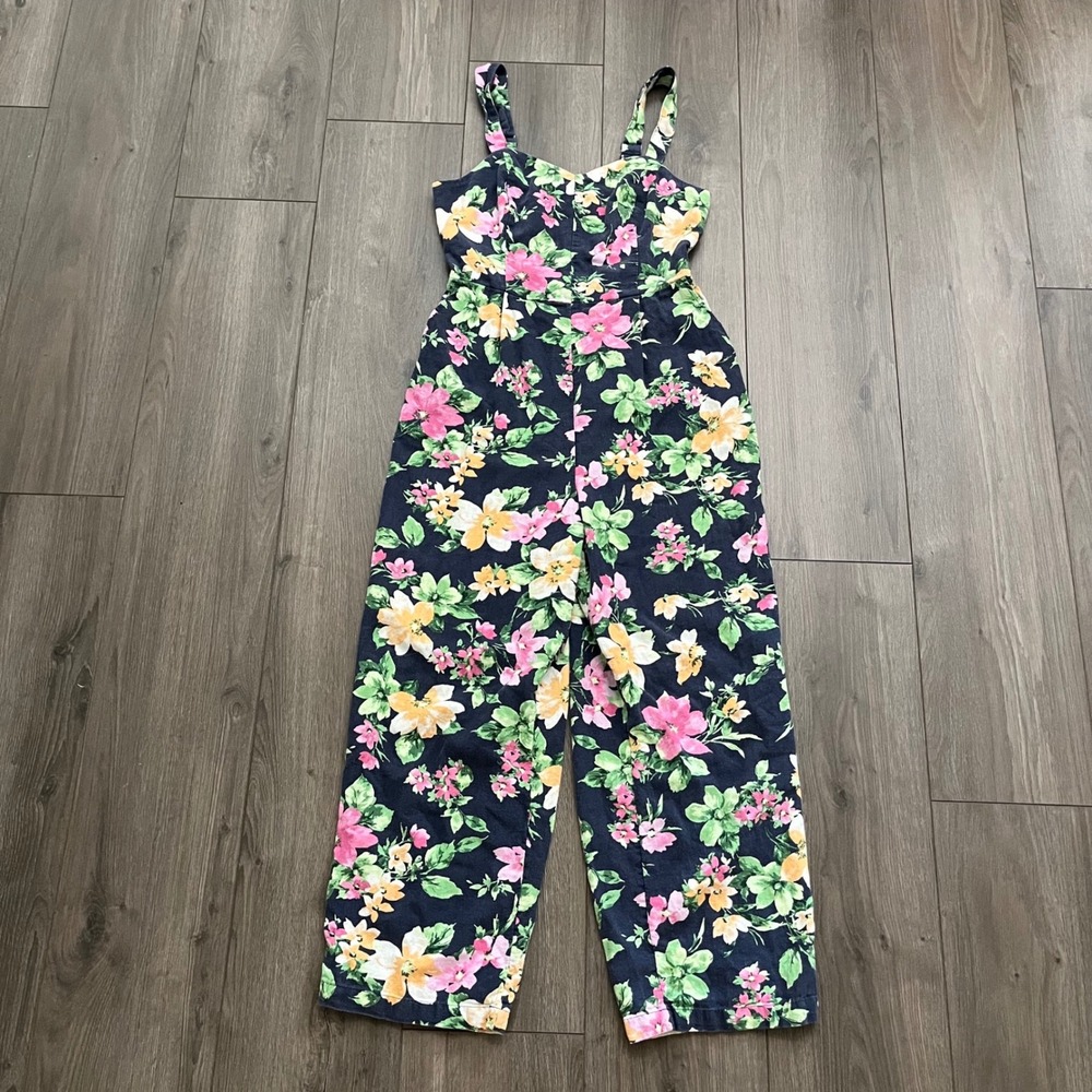 Old Navy Womens Floral Linen Blend Sleeveless Wide Leg Jumpsuit Navy Blue Small